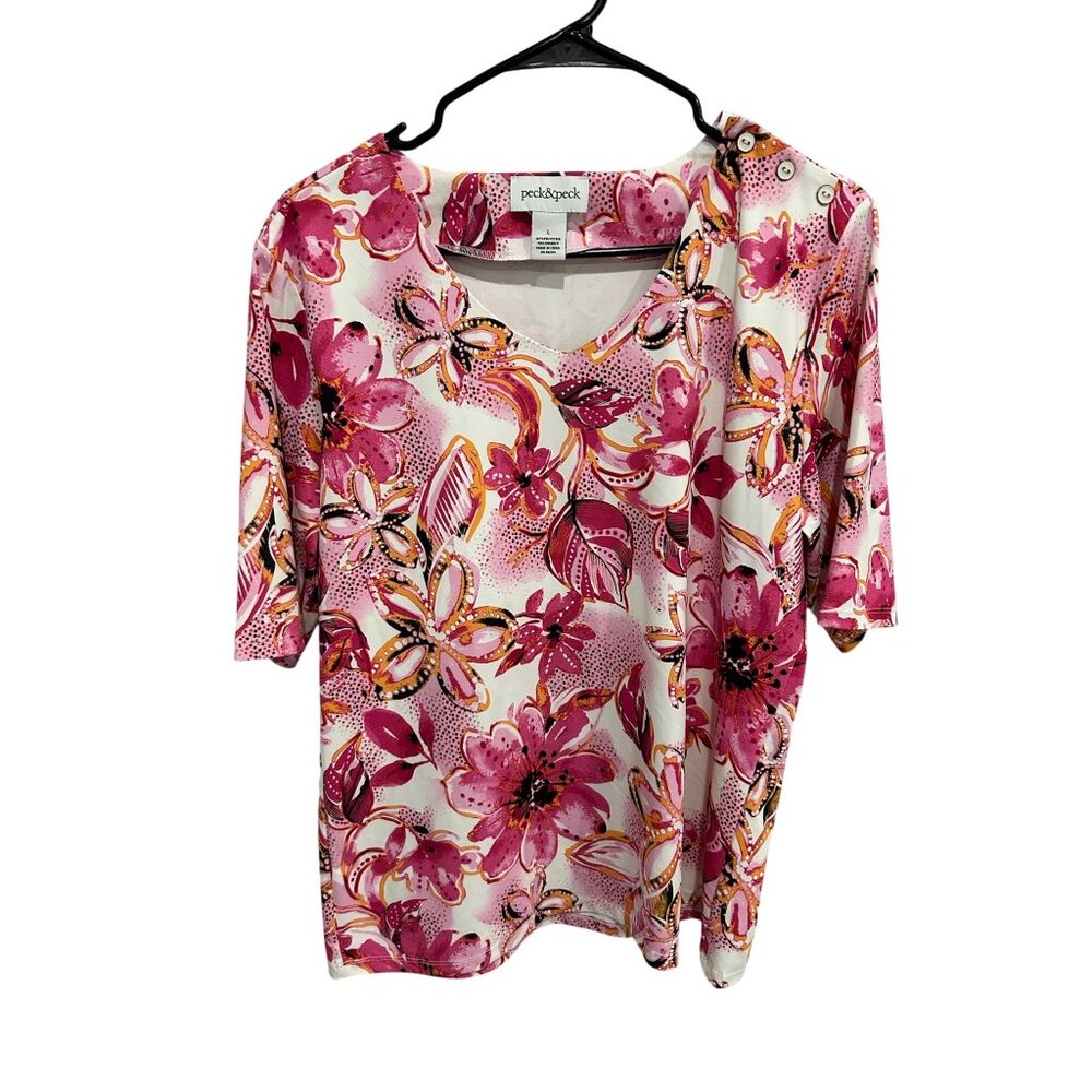 Peck & Peck Pink White Floral Asymmetrical Button-Shoulder Top Size L Romantic